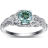 LieYovanaRing Three Stones Blue-Green Moissanite Engagement Rings for Women,18K White Gold Platinum Plated Cushion Cut Moissanite Wedding Promise Rings S925 Leaf Anniversary Ring Band Jewelry Gift for Her