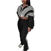 Kinivi Women 2 Piece Outfit Long Sleeve Zip Up Crop Jacket High Waist Stretchy Pants