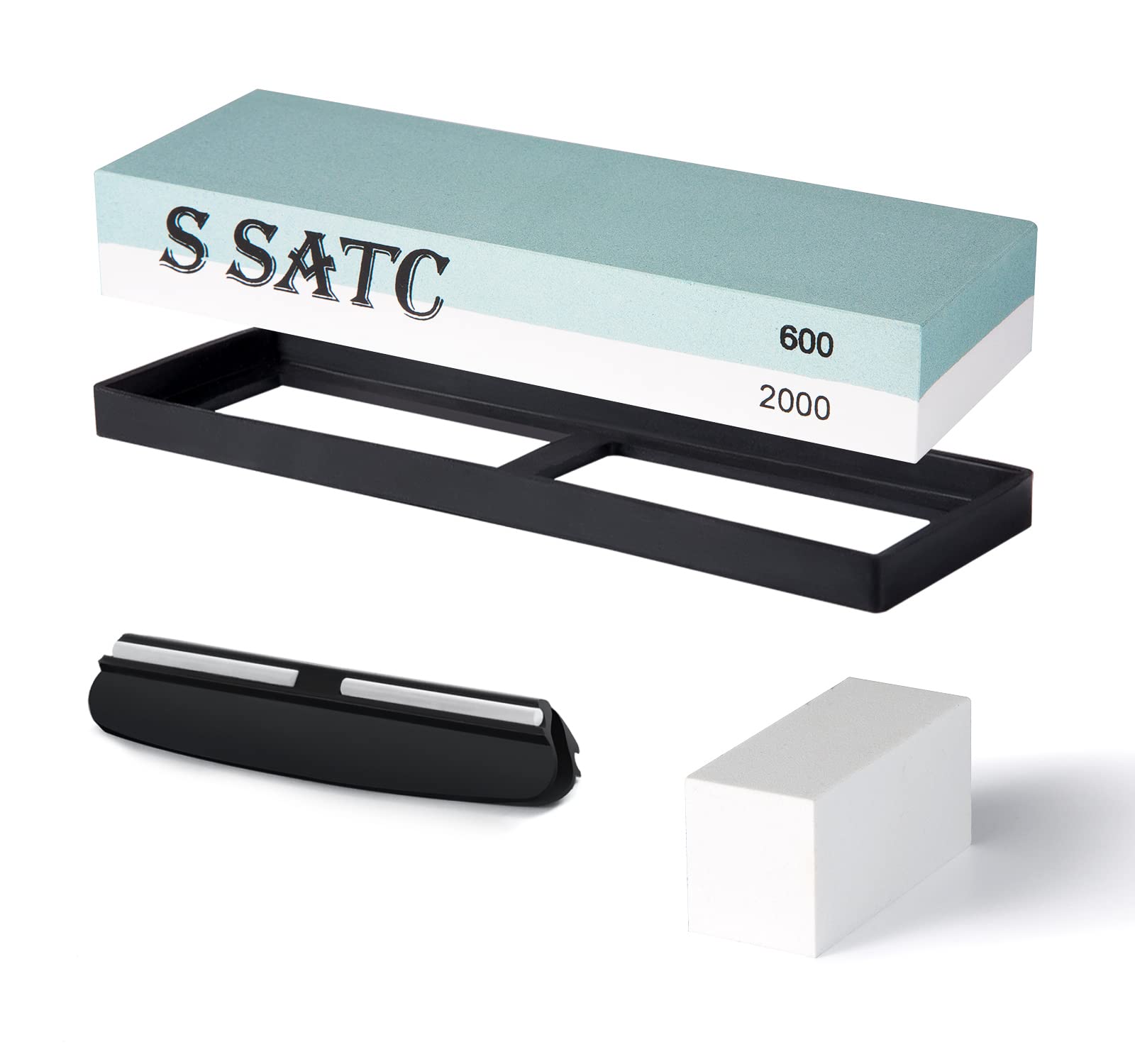 SATC Sharpening Stone Double Sided 600 2000 Grits Kitchen Knife Sharpeners Stone Whetstone with Nonslip Rubber Base Angle Guide, and Fix Stone