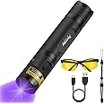 ALONEFIRE SV005 10W 365nm UV Flashlight Black Light Powerful USB Rechargeable Woods Lamp Bed Bug Detector for Pet Urine Detection, Resin Curing, Minerals, AC Leak with UV Protective Glasses, Battery