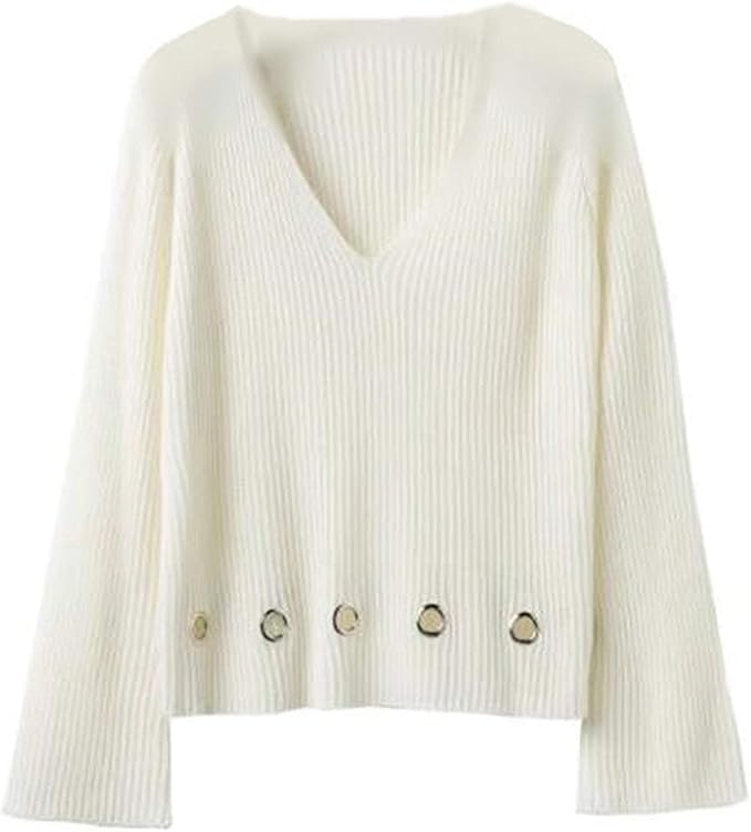 Zeagoo Maglione Donna Invernale A Maglia Traforata, Scollo A V, Manica Lunga, Tinta Unita, Taglie S-XXL - 5