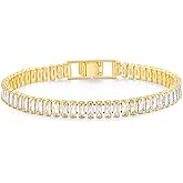 Mameloly 6mm Cubic Zirconia Classic Tennis Bracelet 14K Gold Plated Baguette Charm Multicolored CZ Bracelets for Women Size 6.5-7.5 Inch