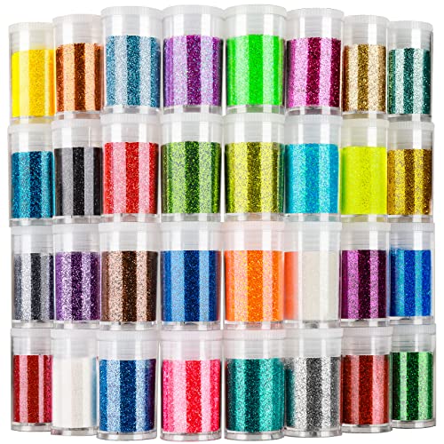 LEOBRO Glitter, Fine Glitter for Resin, Set of 32 Colors Glitter, Extra Fine Resin Glitter Powder, Craft Glitter for Epoxy Resin, Assorted Body Face Hair Glitter Bulk, Christmas Glitter Tumbler Crafts