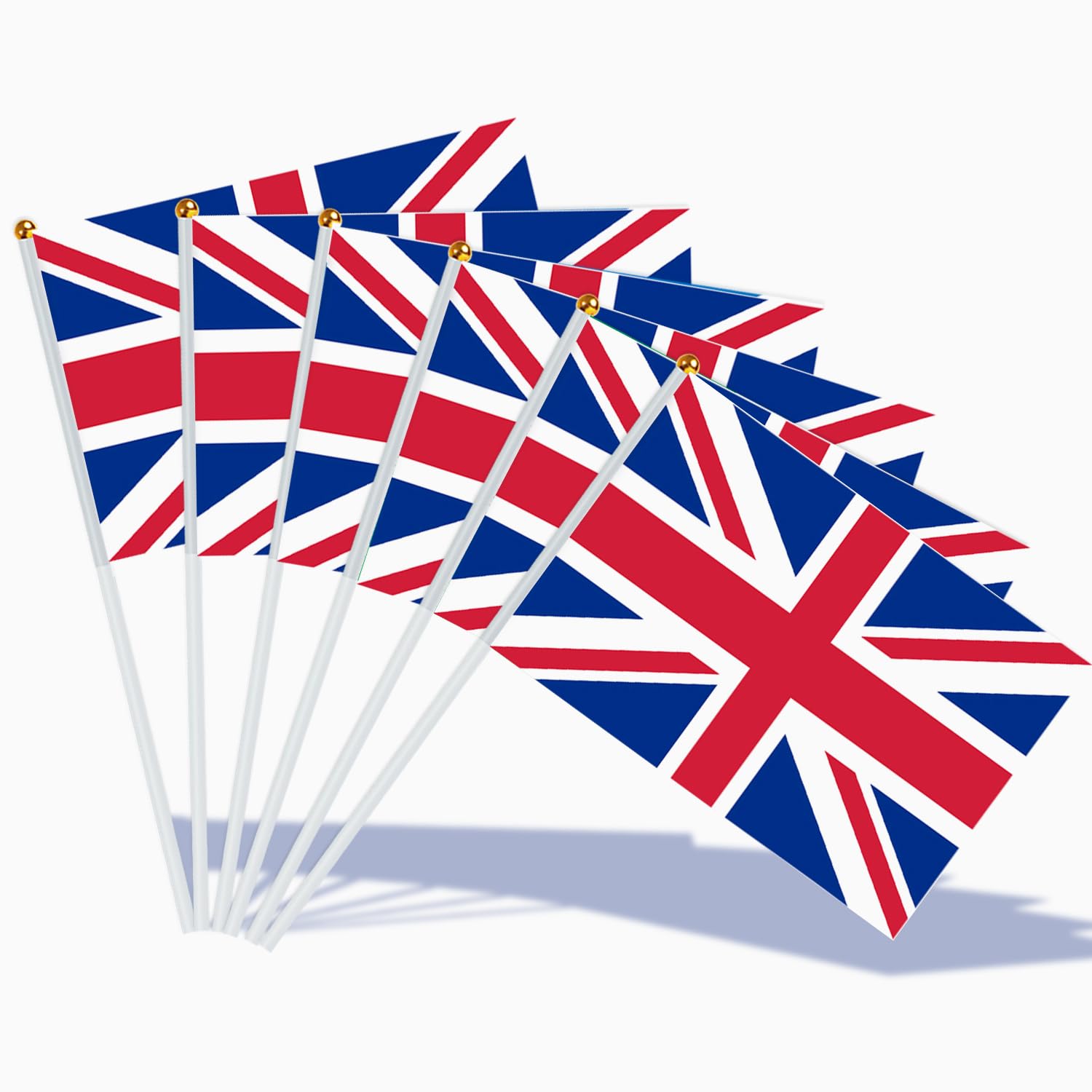 AhfuLife Union Jack Flags on Sticks, 30pcs Hand Held Great Britain British Small Flags with 30cm White Pole for World Cup Football Street Garden Party Decorations (14 x 21 cm, 30 Pcs)
