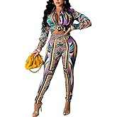 Glozeplus 2 Piece Outfits for Women Sexy Bodycon Long Sleeve Crop Tops Long Pants Sets Floral Print Tracksuits Jumpsuits