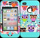 Bumper Case for Iphone 4 4s Tiny Owls Design Hard Plastic Snap on Baby Teal Silicone Gel