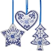Kurt Adler 3" Porcelain Delft Blue Heart Tree Star Ornaments (3 Pack Assorted)