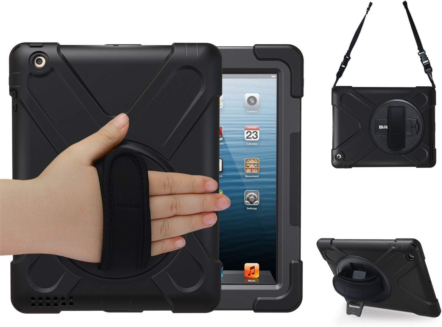 BRAECN iPad 4 Case,iPad 3 Case,iPad 2 Case | Shock-Absorption Three Layer Armor Defender Protective Case [Heavy Duty] w/360&deg; Rotatable Built-in Kickstand/Hand Strap for iPad 2/3/4 Kids Case (Black)