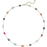 MTMY Beaded Necklaces for Women 14K Gold Plated Dainty Colorful Green/Rose Beaded Pearl Choker Necklace Delicate Boho Choker Necklace Jewelry Gift
