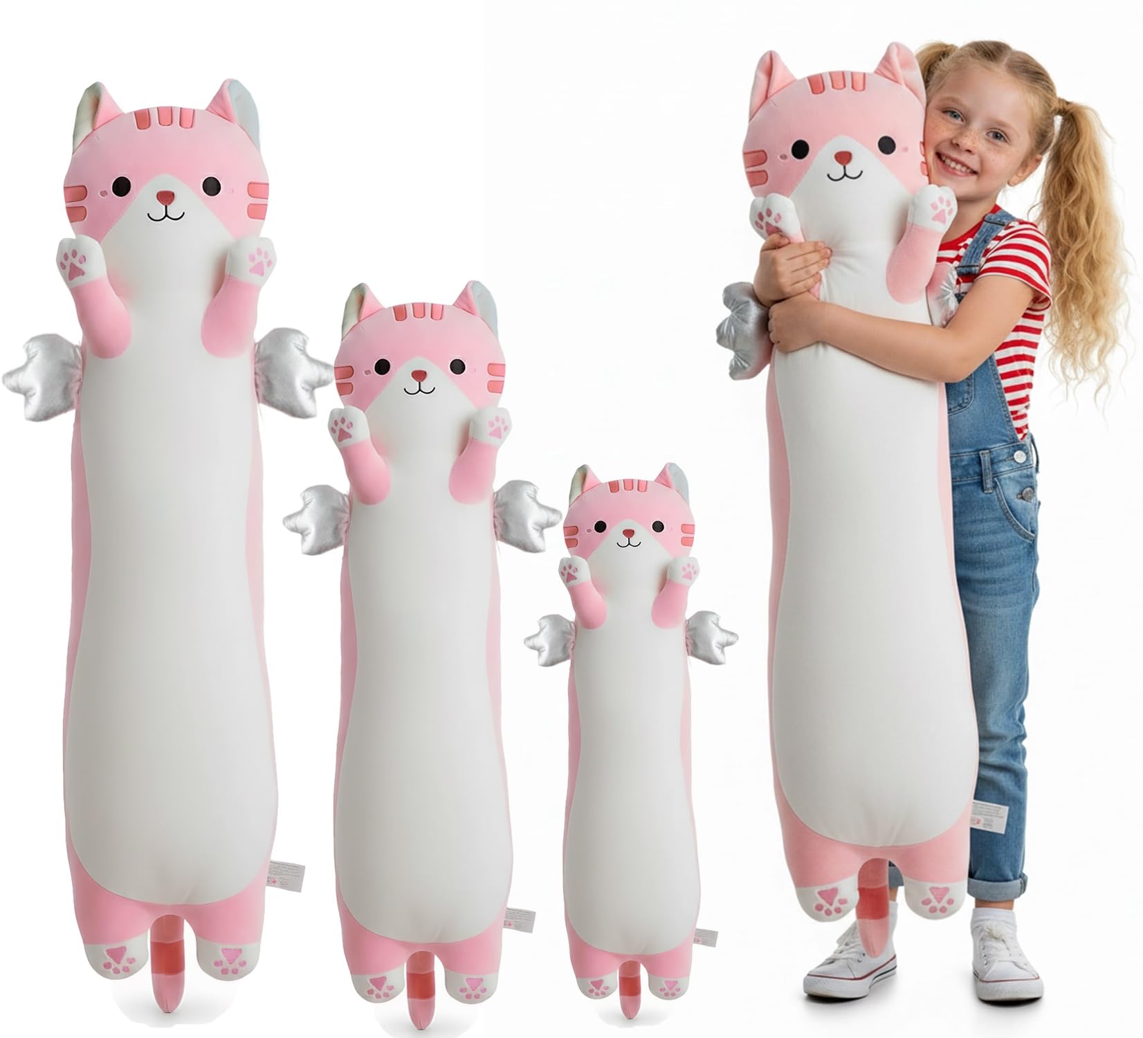 Kekeso Long Cat Plush Pillow, Cute Cat Stuffed Animal Body Pillow with Wings, Soft Kawaii Kitty Hugging Pillow, Christmas Valentine's Birthday Gift for Kids Girls Boys (Pink, 110cm/43.31in)