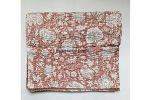 SAMBHAV QUILT HUB Indian Handblock Kantha Floral Printed Handmade Quilted Blanket Vintage Home Decorative KanthaThrow Blanket Kantha Bedcover Queen/King/CaliforiniaKing (Peach, California King(108X108) inches)