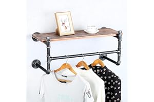 HAOVON Industrial Pipe Clothing Rack Wall Mounted Wood Shelf,Pipe Shelving Floating Shelves,Retail Garment Rack Display Rack Clothes Racks(1 Tier,30in)