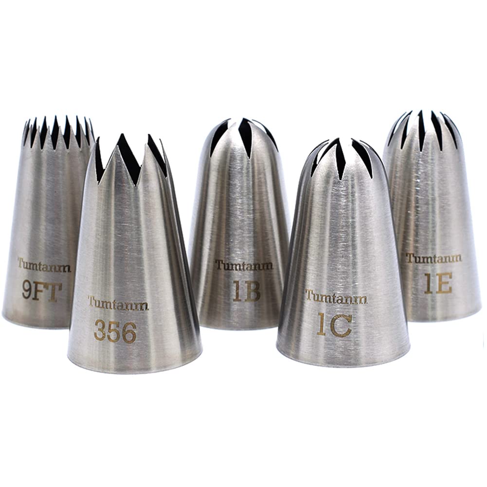 Tumtanm 5 Pack Extra Large Piping Nozzles, 9FT 1B 1C 1E 356# Seamless Stainless Steel Piping Icing Tips for Cupcake