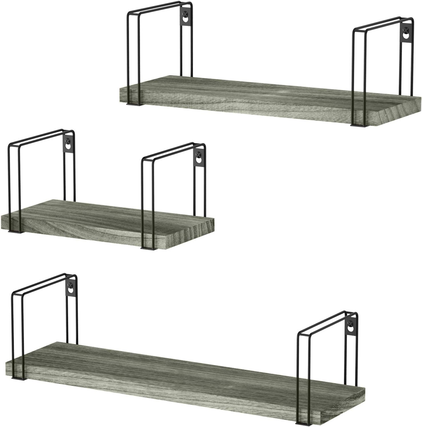 SRIWATANA Rustic Floating Shelves, Wood Wall Shelves Set of 3, Wall Mounted Hanging Shelves for Bedroom, Living Room, Kitchen, Bathroom, Carbonized Black: Home & Kitchen