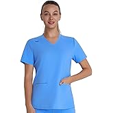QBK Scrub Top for Women – Soft Stretch V-Neck Scrubs with 2 Inset Slip Pockets and a Curved Hemline, Easy Care