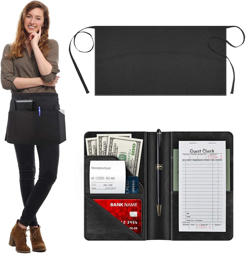 Syntus 2 Apron & 2 Waiter Book Sets – Server Book for Waitress Waiter Organizer with Guest Check Book Holder Money Pocket, 100% Cotton Waitress Waist Apron Set Perfect for Restaurant Waitstaff: Clothing