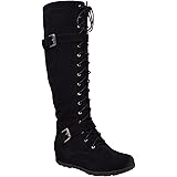 Generation Y Women's Knee-High Lace Up Flat Combat Boots Wedge Buckle Straps Zipper Closure
