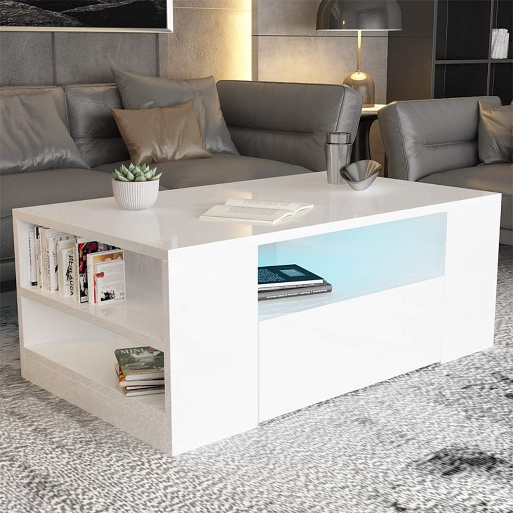 Coffee Tables for Living Room, High Gloss Wooden Sofa Side Table 2 Tier with Storage Shelf and 2 Drawers, Modern Furniture for Home Office White
