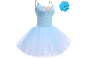 AFAVOM 2PCS Glitter Women Ballet Leotards Long Dance Ballerina Costume Adult Ballet Dress with Hair Clip Camisole Leotard