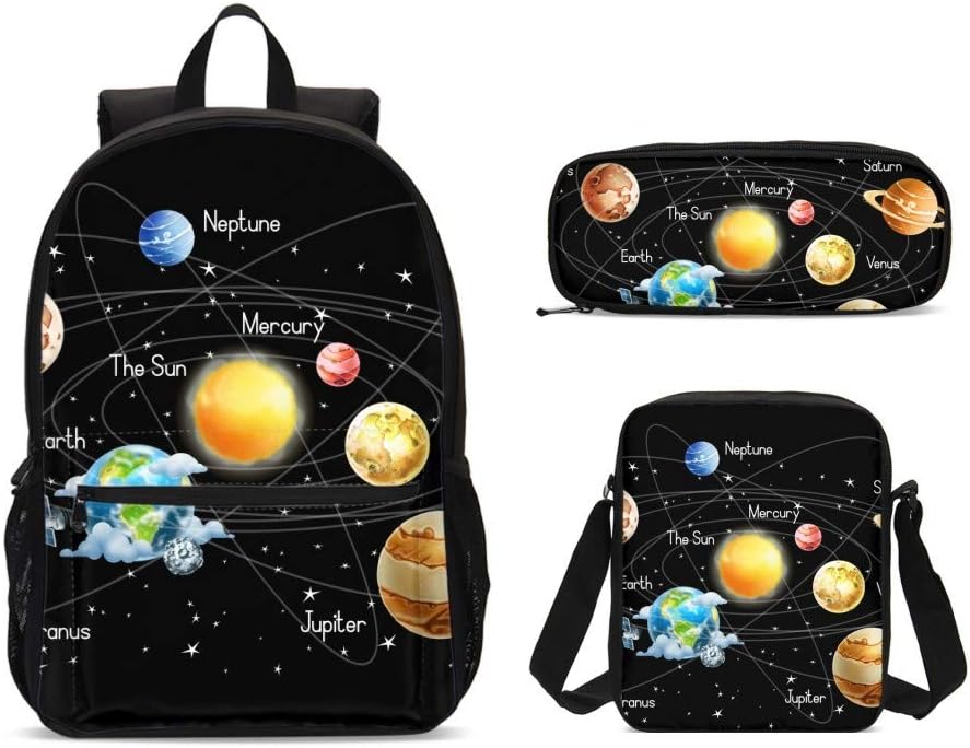 PrelerDIY Galaxy Universe Planet Backpack Set 3 Piece 17 Inch Plus Book Bag Shoulder Bag Pencil Case for Boys Girls 1-6th Grade Kids Back to School