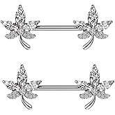 Pierced Owl 14GA 316L Stainless Steel CZ Crystal Leaf Nipple Barbells, Sold as a Pair