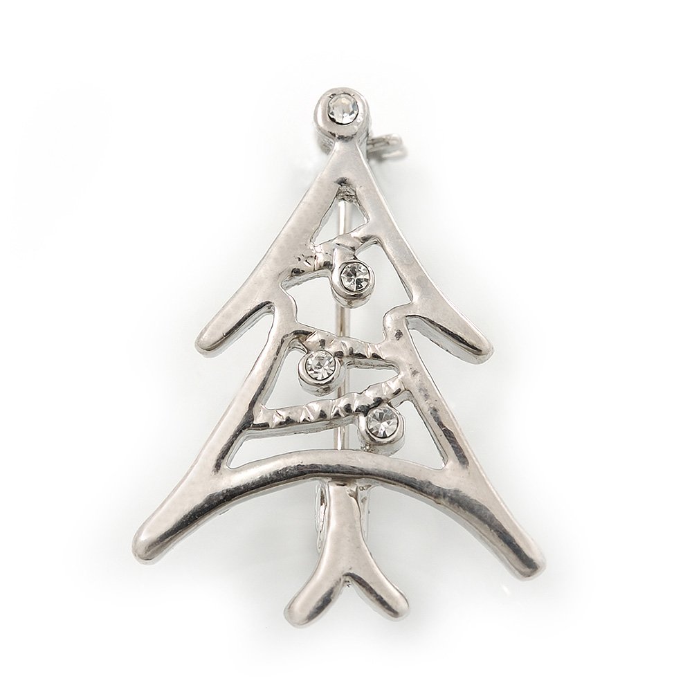 Small Contemporary Holly Jolly Christmas Tree Brooch In Rhodum Plating - 30mm Length