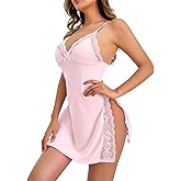 Lilosy Sexy High Split Side Trim Floral Lace Dress Lingerie Nightgown Babydoll Set 2 Piece