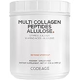 Codeage Multi Collagen Peptides Powder + Allulose - 5 Types - Grass-Fed Collagen - Rare Sugar Allulose Supplement - 0 Calorie Sweetener & 0 Carbs - 18 Amino Acids - Unflavored - Non-GMO - 30 Servings