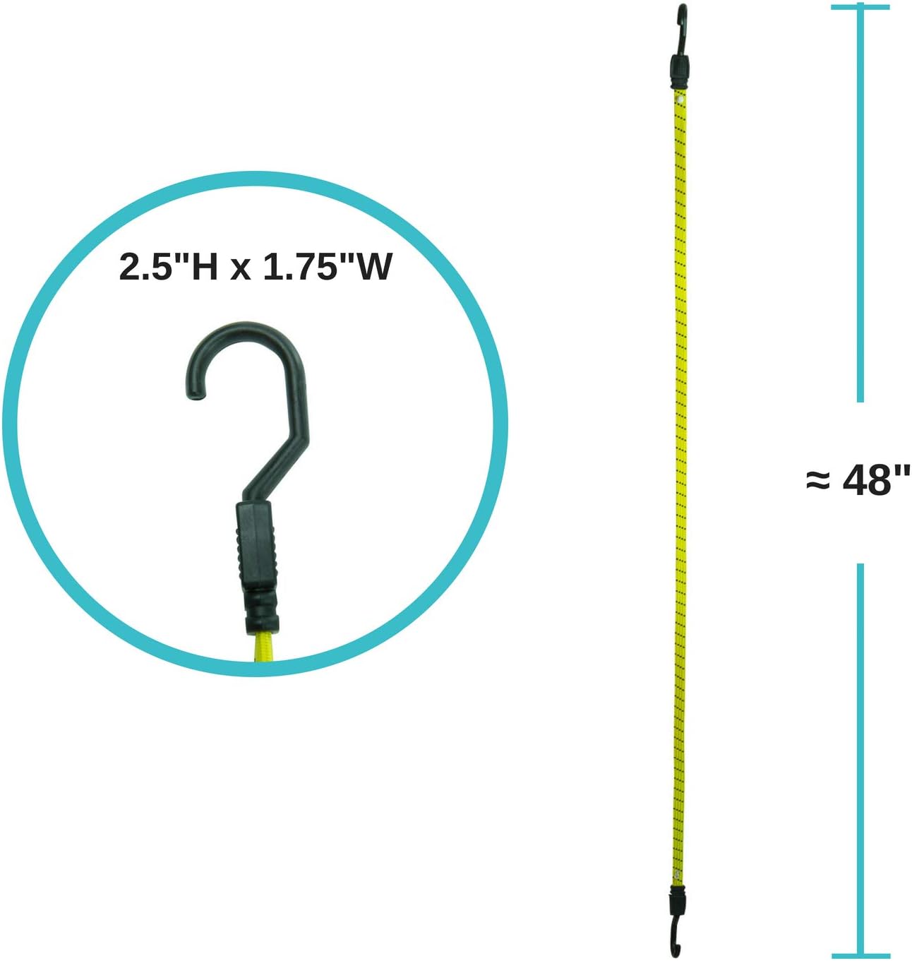 Houseables Bungee Cords with Hooks, Bungie Straps, 4 Pack, 48 Inch Long, Yellow, Flat, Premium Rubber, Bungy Chords, Adjustable, Long Bungi Rope for Dolly, Upcart, Car Trunk, Camping, Luggage, Moving: Automotive