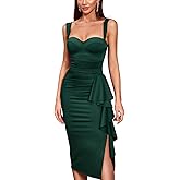 CurvySweet Women's Formal Evening Midi Cocktail Dress Built-in Bra Ruched Sleeveless Slit Ruffle Fall Wedding Guest Dresses