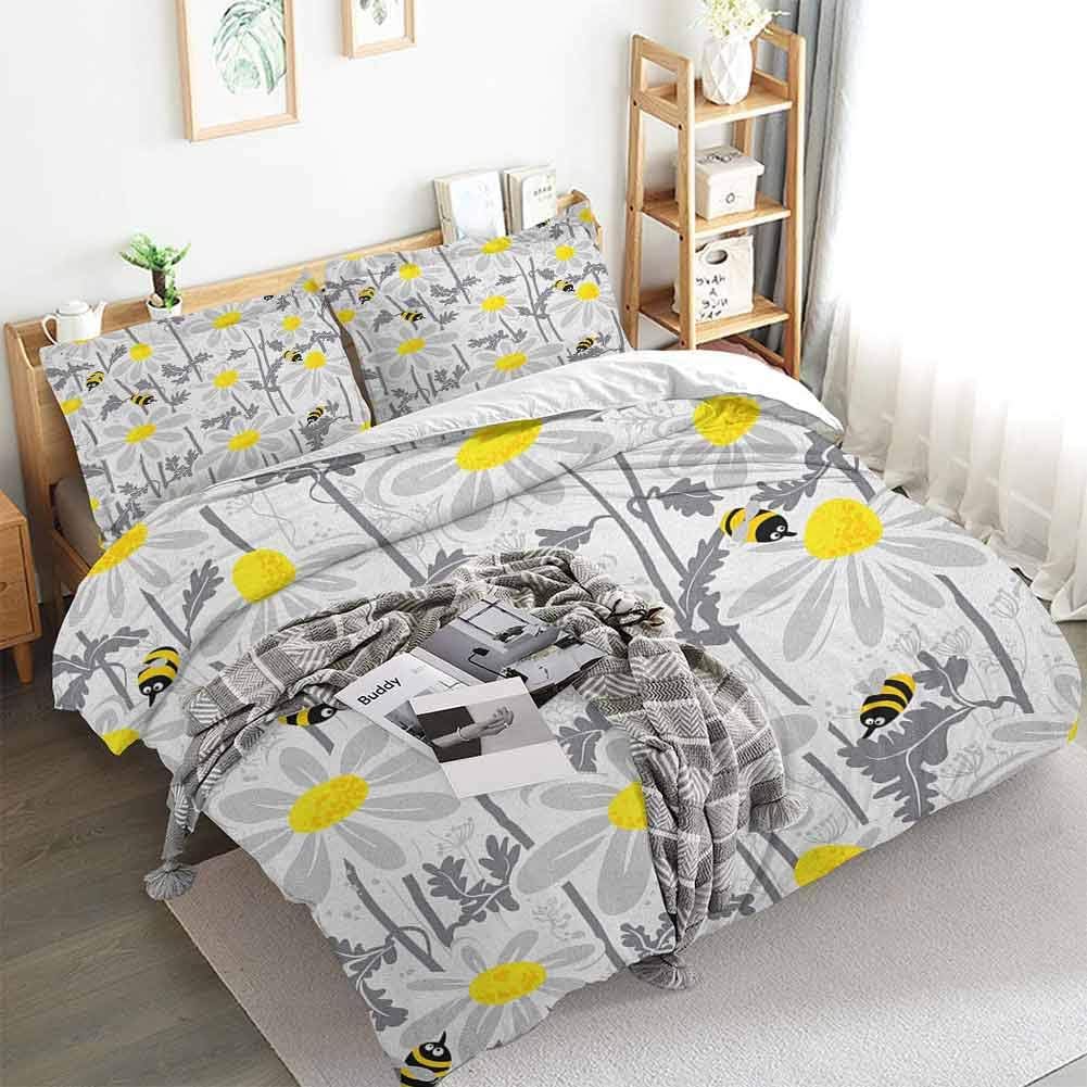 Grey Duvet Cover Set Printed Daisy Flowers with Bees in