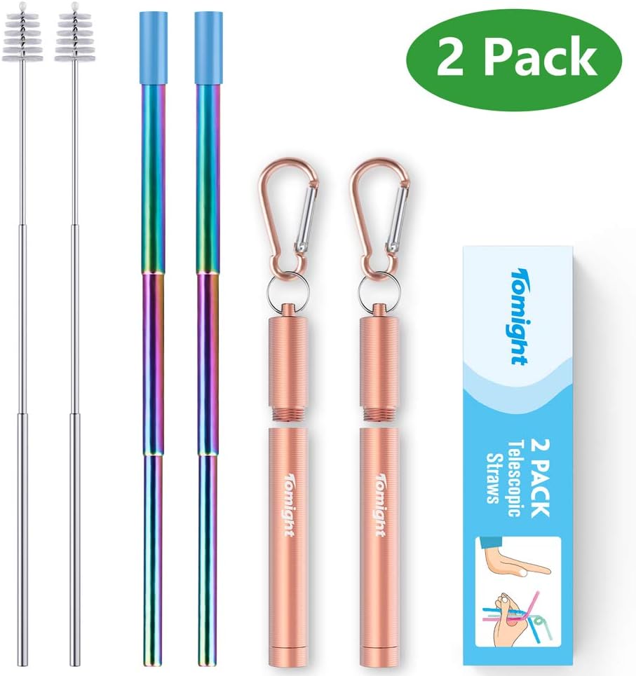 Tomight Metal Straws, 2 Pack Portable Reusable Straw in Stainless Steel, Drinking Straws with Aluminum Case Cleaning Brush & Carabiner, Perfect for Travel, Home, Office（Rainbow）