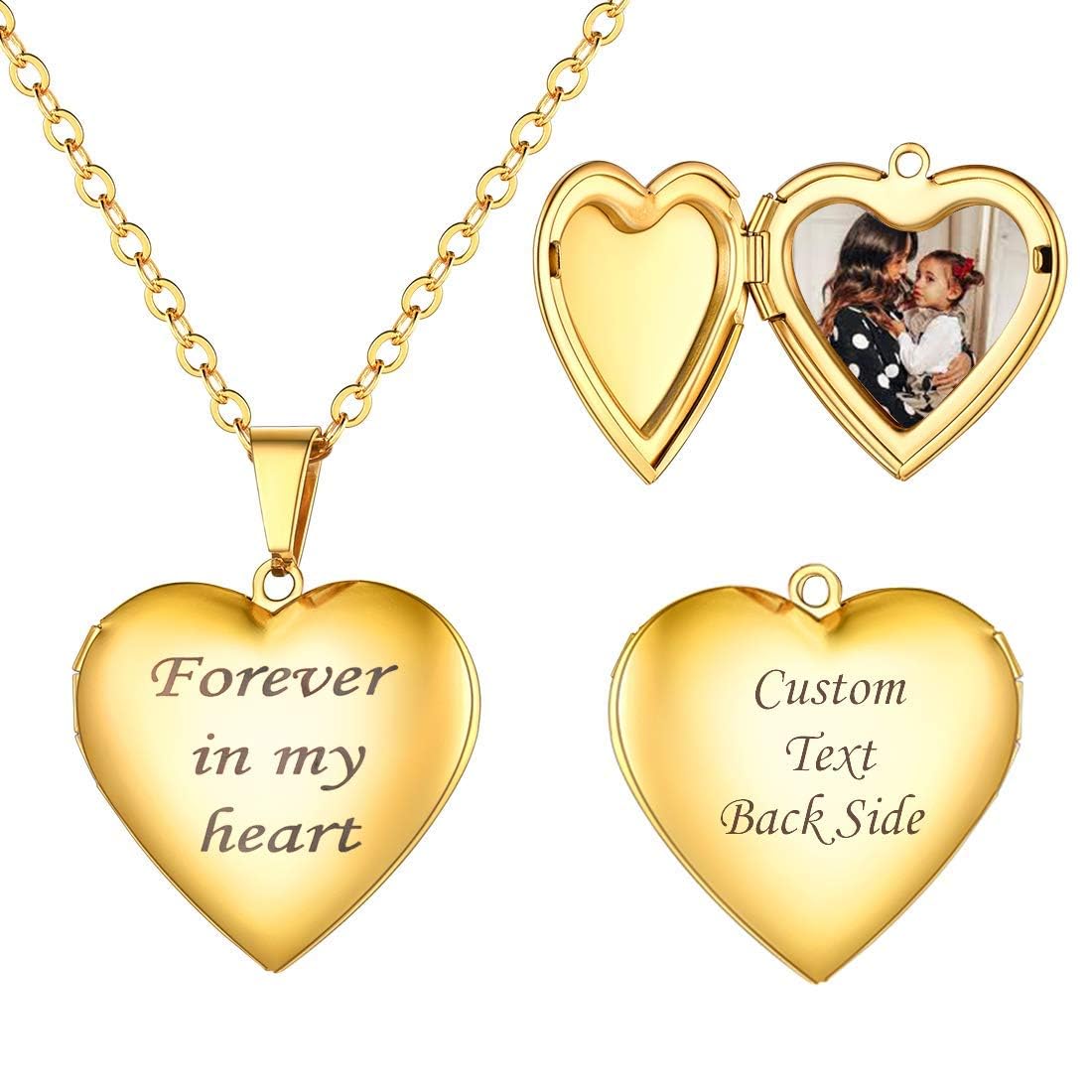 U7 Personalised Heart Locket Necklace with Photo Inside for Wife, Gold Jewellery