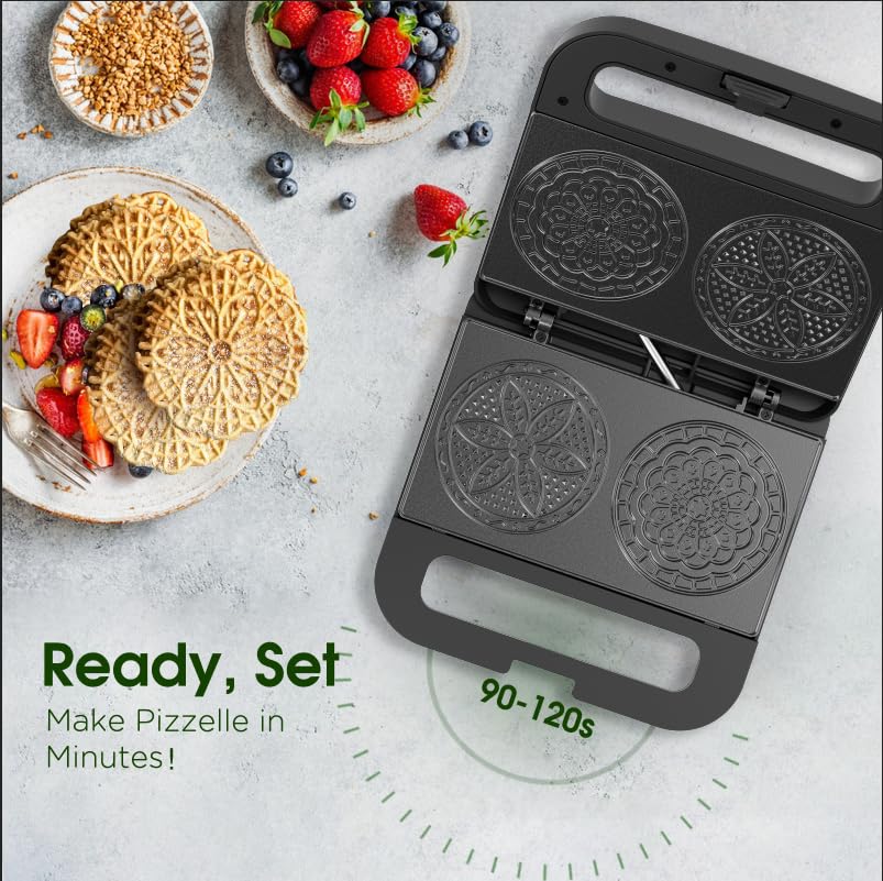 Pizzelle Maker Machine, Mini Non-stick Electric Pizzelle Cookie Baker for Holiday, Party, Treat (Ceramic Coating, 2 * 4