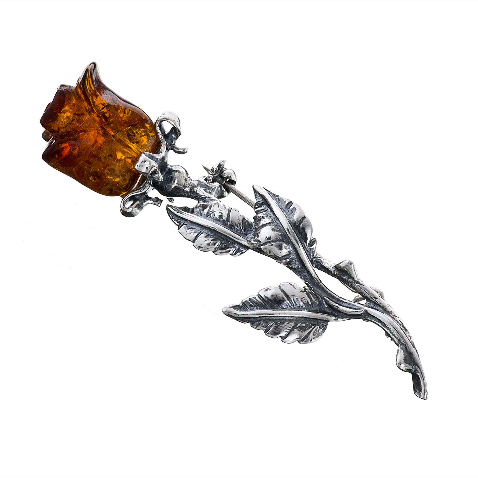 Women’s Brooch, Oxidised Sterling Silver, Baltic Amber Rose, Hand Carved, Brooch with Cognac Amber Rose