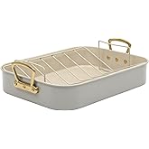 Gibson Home Broxton 2-Piece Nonstick Roaster Pan with Rack – 16 x 12 Inch Taupe Turkey Roasting Pan with Cast Aluminum Gold Handles – Oven-Safe, Easy-Clean, Holiday Cookware