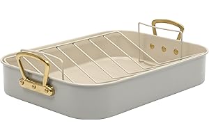 Gibson Home Broxton 2-Piece Nonstick Roaster Pan with Rack – 16 x 12 Inch Taupe Turkey Roasting Pan with Cast Aluminum Gold Handles – Oven-Safe, Easy-Clean, Holiday Cookware