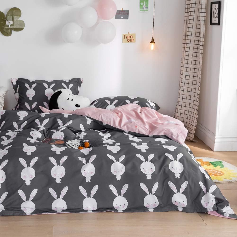 LAYENJOY Rabbit Kids Duvet Cover Set Queen, 100% Cotton Bedding, Cartoon Rabbit Animal Pattern Printed on Dark Gray Grey, 1 Black Comforter Cover Full 2 Pillowcases for Kids Teens Boys Girls