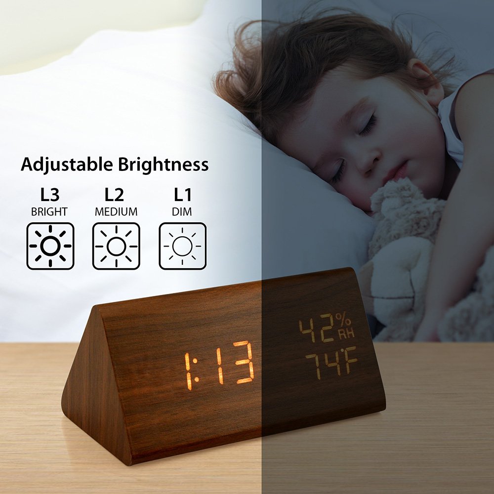 Oct17 Wooden Alarm Clock, Wood LED Digital Desk Clock