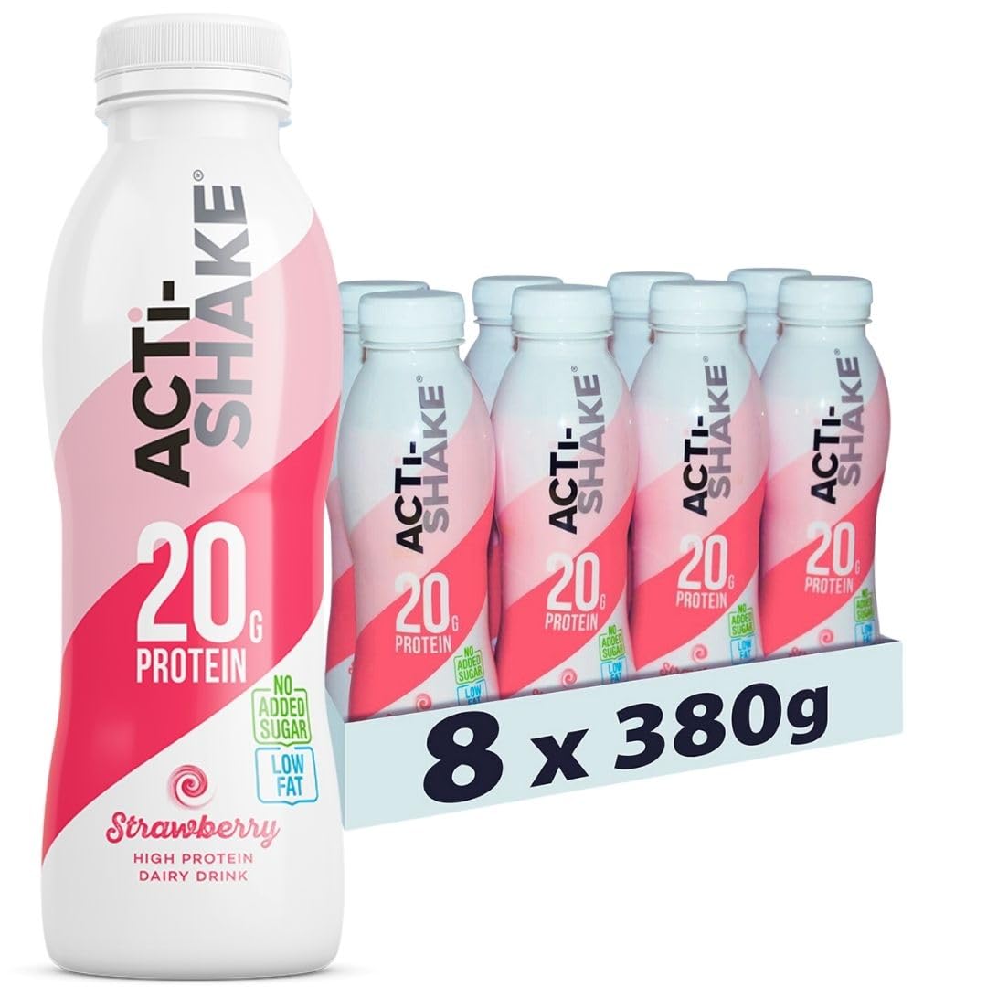 Acti-Shake Strawberry High Protein Dairy Drink 380g (Pack of 8) - 20g of Protein per bottle - Ready to Drink - Low Fat and No Added Sugars - 185 kcal - Multipack