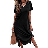 Dyexces Women Summer T Shirt Dress Casual Short Sleeve V Neck Maxi Dresses Loose Side Slit Long Tshirt Dress with Pockets