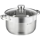 Daniks Standard 7 Quart Stainless Steel Stock Pot with Glass Lid, Try-Ply Bottom for Even Heating, Induction Compatible, Dishwasher Safe, Built-In Measuring Scale, Silver
