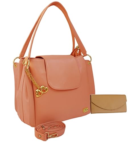 I Define You PU Leather Women and Girls Handbag & Wallet Combo (Peach, Cream)