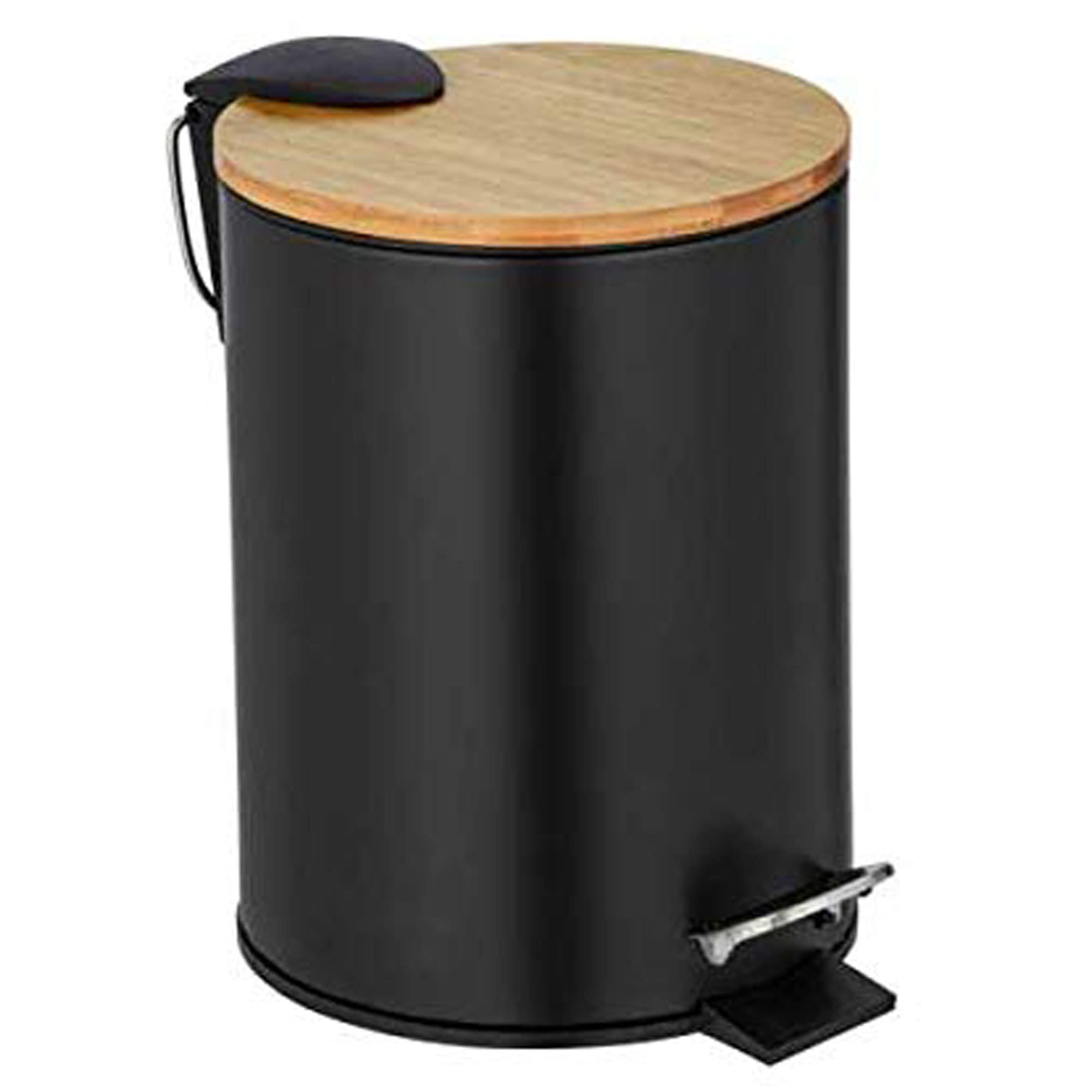 WENKO Tortona Cosmetic Pedal Bin, Black Bucket with Bamboo Lid, 3 Litres, High Quality Bathroom Trash Bin with Easy-Close Mechanism, Stainless Steel, 17 x 23.5 x 21 cm