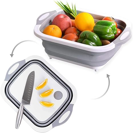 Amazon Co Jp 多机能折り畳みまな板の洗いかご 3合1水槽折り畳みまな板 折り畳みまな板の鉢 野菜の鉢 灰色 ホーム キッチン