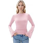 Women Sexy Bell Sleeve Tops Slim Fit Crew Neck Long Sleeve Fitted Going Out Party Club Basic T Shirts