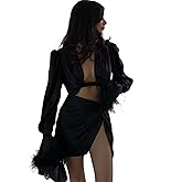 Zoyami Womens Long Sleeve Feather Crop Top Puff Sleeve Tie Back Stain Blouse