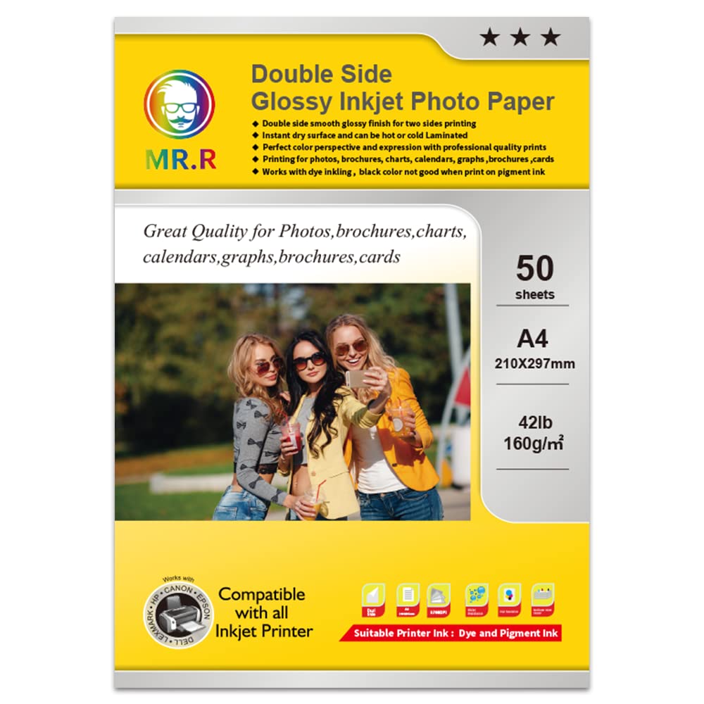MR.R Double Side Glossy Coated 160gsm Inkjet Photo Paper A4 210 x 297mm 50 Sheets Per Pack for Epson HP Brother Inkjet Printers