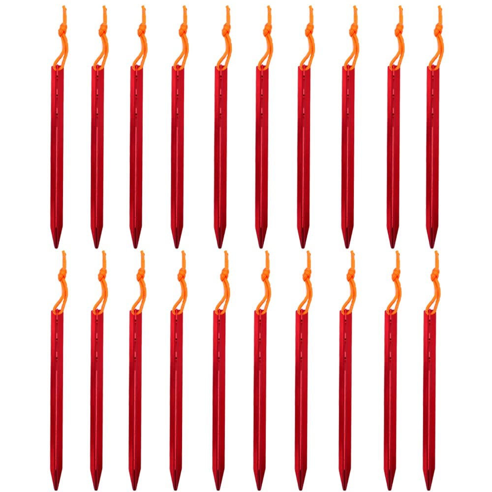 ZONADAH 20Pcs in Set Camping Tent Stakes Set 7" (18cm) Long Ultralight and Heavy Duty 7001 Aluminum Alloy - 3 Guy Points - Red with Storage Bag