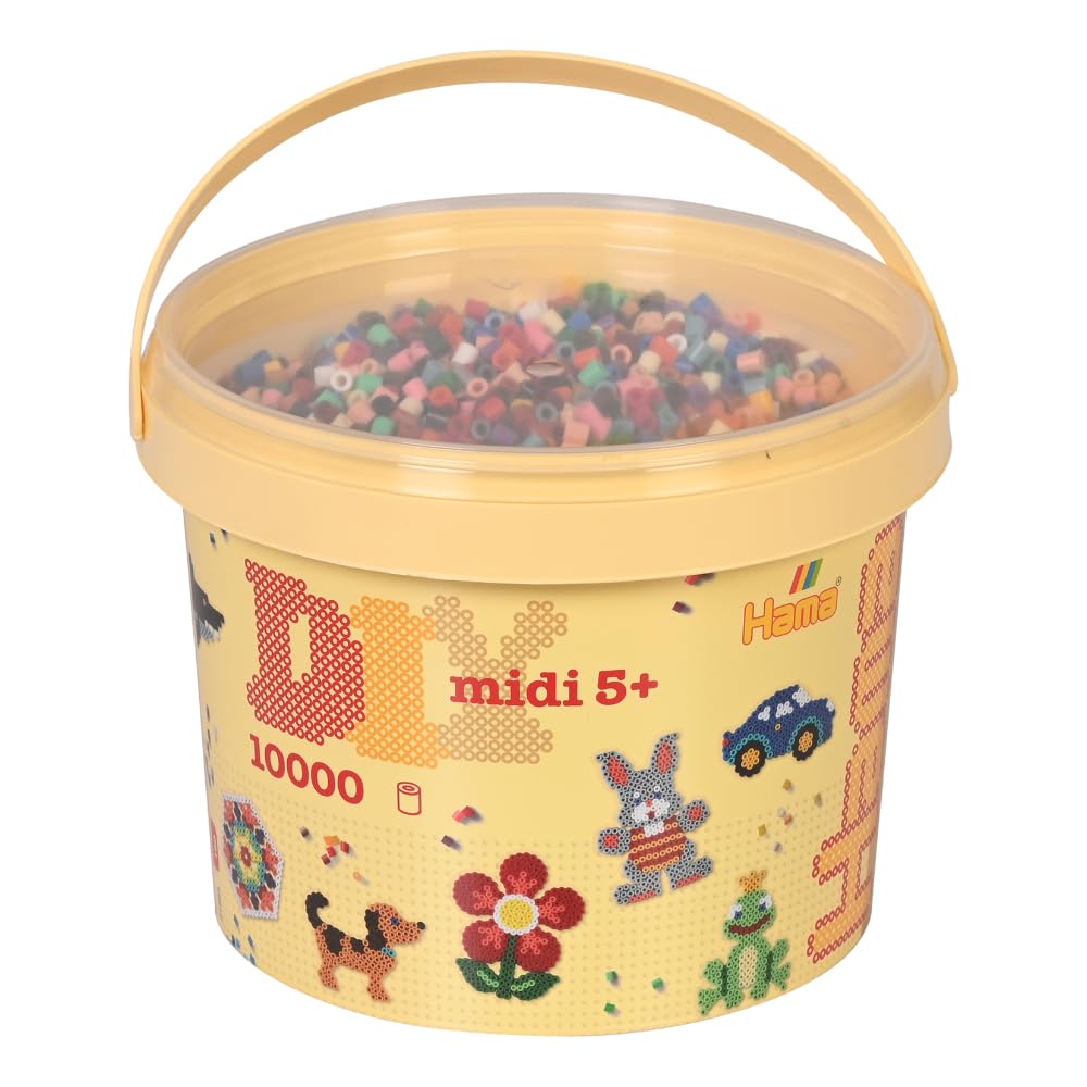 Hama Midi Beads Bucket, Approx.10.000 Fuse Beads, Mosaic Decoration Arts & Craft Kit for Creative Children Ages 5+ Assorted Colours of Beads, Iron/Melty Bead Set